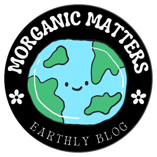 "morganic matters earthly blog" circular logo with text, and graphic of earth in blue and green with a smiling face